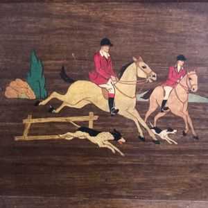 Vintage Wood Inlay Hunting Scene Decorative Tray - Brown and Red